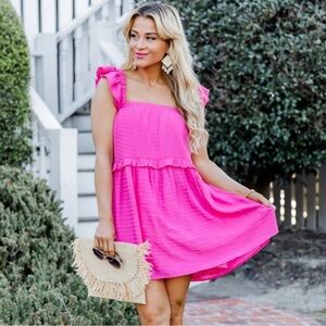 Pink Lily Babydoll Mini Summer Dress Pink Ruffle Sleeves Size M